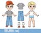 Cartoon boy with blond hair dressed and clothes separately - cap with visor, stripped T-shirt, jeans and sneakers