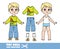Cartoon boy with blond hair dressed and clothes separately - dinosaur print long sleeve T-shirt, jeans and sneakers
