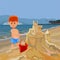 Cartoon boy building sand castle on tropical beach
