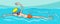 Cartoon boy character swimming in the water