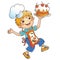 Cartoon boy chef with cake or pie. Little cook or scullion in apron and chef hat. Profession. Colorful vector illustration for