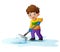Cartoon boy cleaning snow using a shovel
