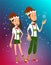 Cartoon boy and girl in christmas elves costume