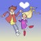 Cartoon boy and girl dancing in the sky with cloud heart