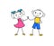 Cartoon boy and girl holding hands and glad to be a friends. Successful business contract negotiation