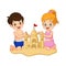 Cartoon boy and girl making sand castles on a beach