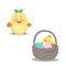 Cartoon boy and girl newborn chickens and basket with easter painted eggs. Easter flat design icon symbols.