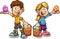 Cartoon boy and girl picking easter eggs