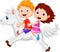 Cartoon Boy and girl riding a pony horse