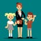 Cartoon boy and girl with their first teacher. Back to school vector illustration