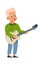 Cartoon boy with guitar. Child playing musical instrument at home, class or performance. Artist, music education or