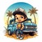 Cartoon Boy In Hat And Blue Truck: Exotic Landscapes And Chicano Art Style