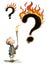 Cartoon boy looking at burning question mark holding lit stick