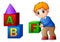 Cartoon boy playing with alphabet cubes