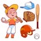 Cartoon boy playing baseball. Baseball equipment.