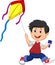 Cartoon boy playing kite