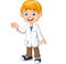 Cartoon boy scientist wearing lab white coat waving