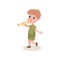 Cartoon boy scout character walking and playing on trumpet, summer camp activities