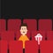 Cartoon boy sitting in movie theater. Film show Cinema background. Viewer watching movie. Popcorn box on red seat. Flat design