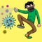 Cartoon a boy spray the virus with anti bacteria