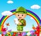 Cartoon boy writing in a flower garden with rainbow