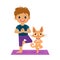 Cartoon Boy In Yoga Pose With Cute Cat. Kids Practicing Yoga Icon.