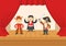 Cartoon boys in costumes performing on the stage of the theater. The play in the kindergarten. Flat vector illustration