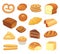 Cartoon bread icon. Breads and rolls. French roll, breakfast toast and sweet cake slice. Bakery products vector icons