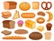 Cartoon bread. Sweet pastry bun, cupcake, croissant and donut. Grain loaf, toast slice, bagel, french baguette and