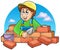 Cartoon bricklayer with clouds