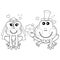 Cartoon bride and groom frogs. Frogs wedding. Vector black and white coloring page