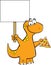Cartoon brontosaurus holding a slice of pizza and a sign.