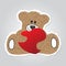 Cartoon - brown, furry smiling bear with red heart