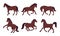 Cartoon brown horses. Graceful running, galloping and standing animals. Thoroughbred farm or ranch horses flat vector illustration