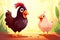 Cartoon brown mother chicken teaches chick