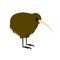 Cartoon brown small exotic kiwi bird with long beak isolated on white backdrop. Quirky flightless feathered character