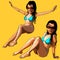 Cartoon brunette woman in blue swimsuit in different poses