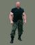 Cartoon brutal muscular man in camouflage pants