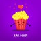 Cartoon bucket of popcorn with hands and hearts on violet background. Flat style. Vector card