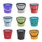 Cartoon buckets. Water pails, metal and plastic bucket. Isolated vector set