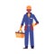 Cartoon builder or maintenance man in blue uniform and helmet