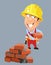 Cartoon builder worker man in a helmet with bricks