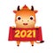 Cartoon bull with scroll. Ox character for 2021 Chinese new year celebration. Happy cow