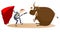 Cartoon bullfighter and tired bull illustration