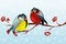 Cartoon Bullfinch and bird Tit on branch Rowan tree under the snowfall. For Christmas decoration, posters, banners and