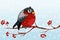 Cartoon Bullfinch on branch Rowan tree under the snowfall. For Christmas decoration, posters, banners and winter sales