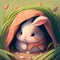 Cartoon bunny, adorable, fluffy, shy, pink and white, wearing a pink bow peeking out of a cozy burrow in a grassy meadow, cute and