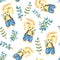 Cartoon bunny boy in blue pants holds a willow branch in his hands. Seamless pattern. Hand watercolor illustration