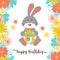 Cartoon bunny Happy Birthday greeting card. Cute bunny holds a gift, Lettering happy birthday, Flower background. Vector