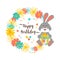 Cartoon bunny Happy Birthday greeting card. Cute bunny holds a gift, Lettering happy birthday, Flower wreath. Vector